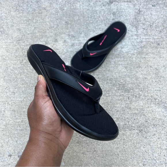 WMNS NIKE ULTRAS COMFORTS 3 THONGS THNG III BLACK PINK BLACKS PINKS FOOTBEDS - Picture 3 of 5